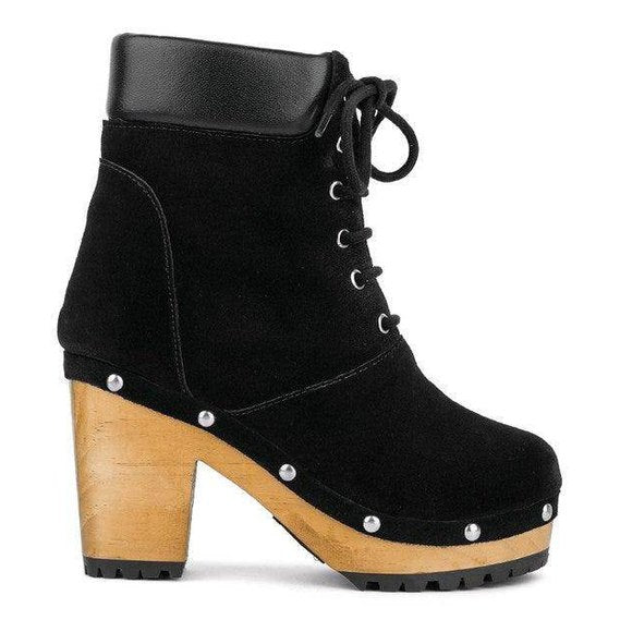 Rag Company Maaya suede boot purchase in black with chunky heel and lace-up design