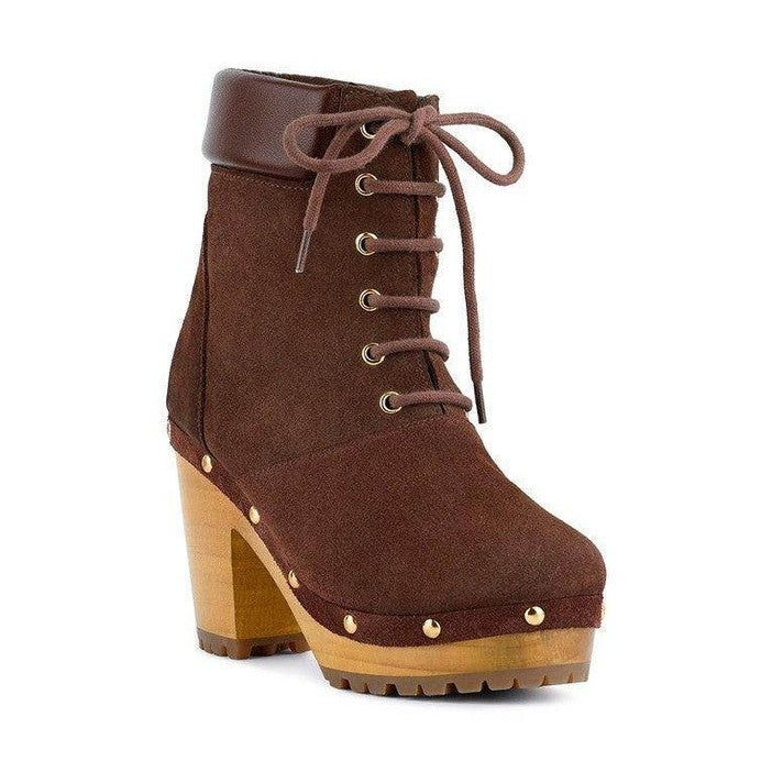 Rag Company brown Maaya suede boot purchase with lace-up front and wooden heel for stylish fall wear
