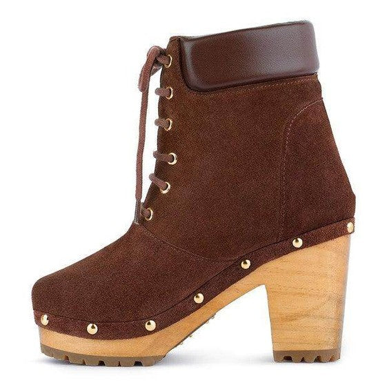 Rag Company Maaya suede boot purchase with stylish wooden heel and lace-up design in brown color.
