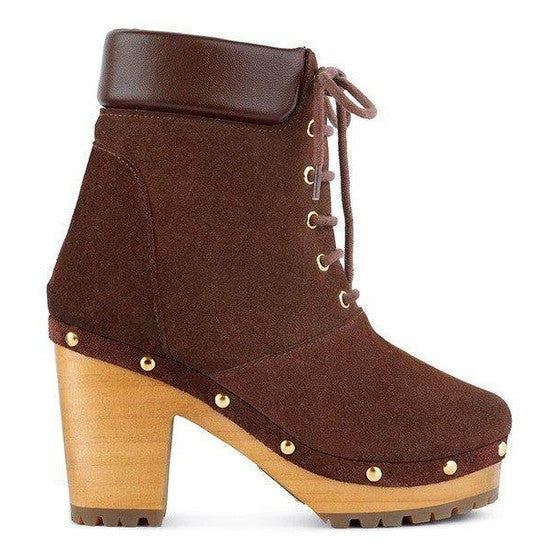 Maaya suede boot purchase featuring a brown suede upper and chunky wooden heel