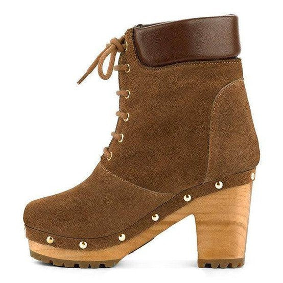 Rag Company Maaya suede boot purchase in brown with lace-up design and chunky wooden heel