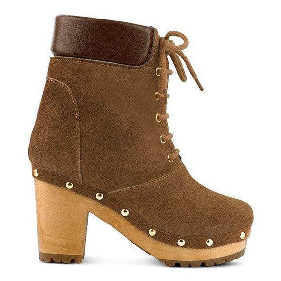 Rag Company Maaya suede boot purchase in brown with a stylish chunky heel and lace-up design