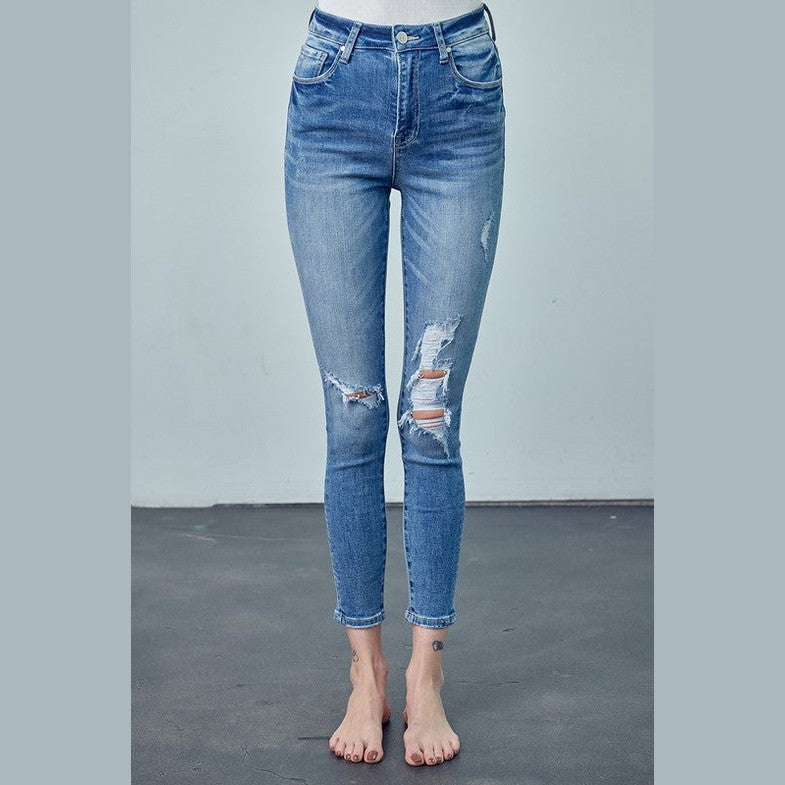 Insane Gene women's trendy skinny jeans for travel in blue denim with distressed rips