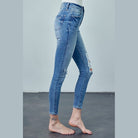 Insane Gene women's trendy skinny jeans for travel in distressed blue denim with a slim fit