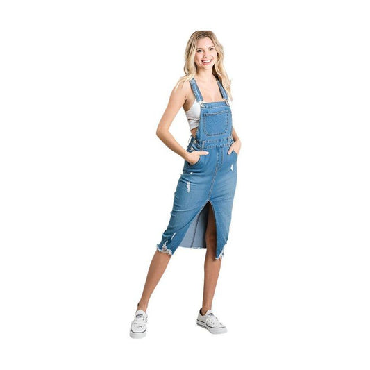 LITZ LA medium blue overall dress with distressed detailing and side slit for a stylish look