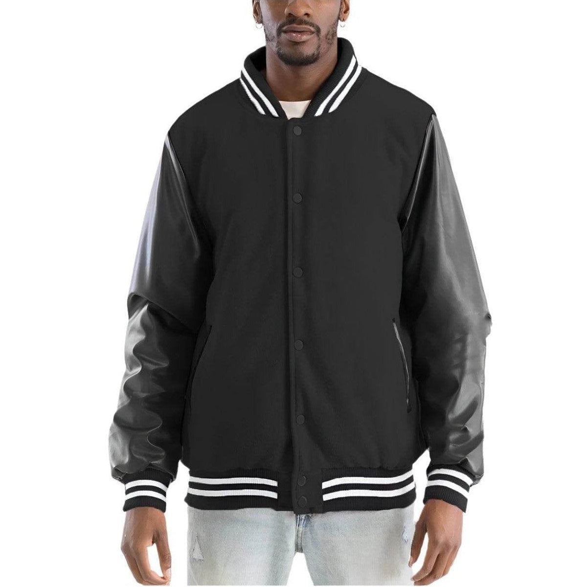 Men's Melton varsity jacket in black with leather sleeves and striped collar for a stylish look