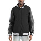 Men's Melton varsity jacket in black with leather sleeves and striped collar for a stylish look