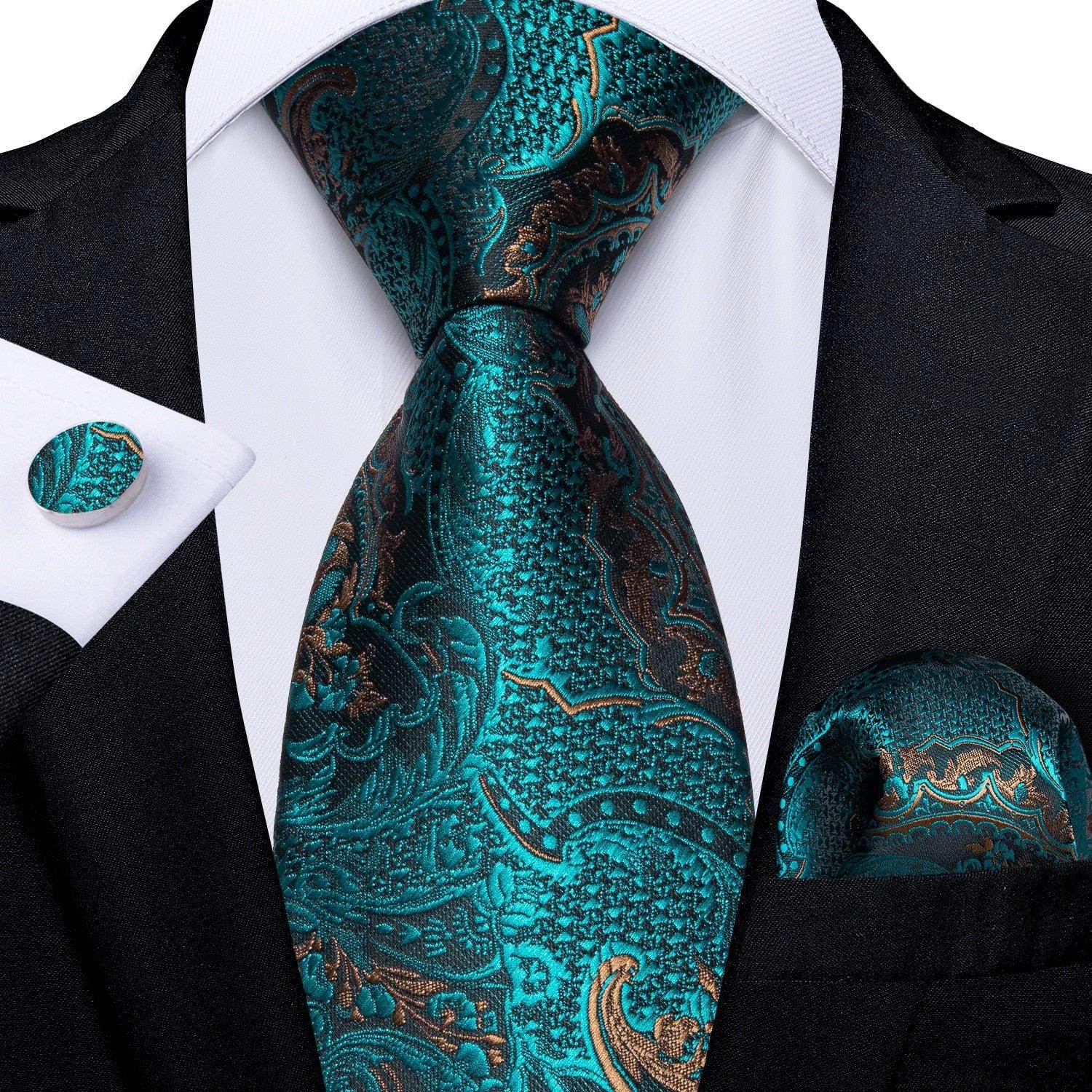 Men Necktie Teal Blue Paisley Designer Silk Wedding Tie - VacationGrabs