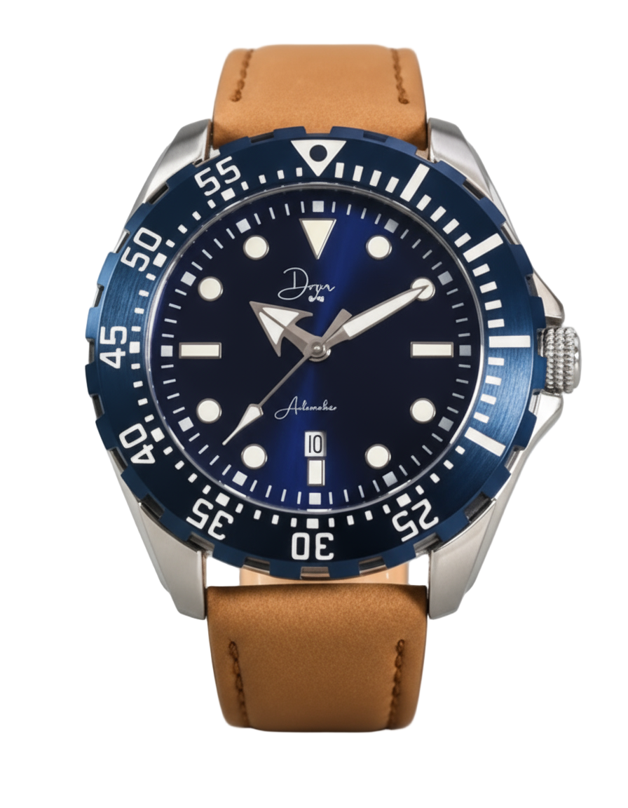 Dapr men's automatic watch bold dial with blue face and brown leather strap for stylish timekeeping