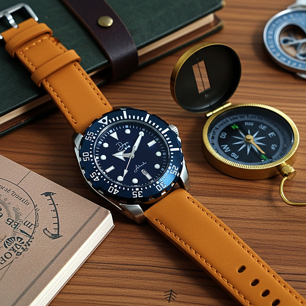 Dapr Watches men's automatic watch bold dial with orange strap placed on a wooden surface