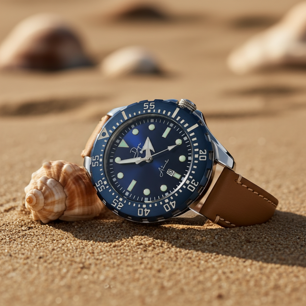 Dapr men's automatic watch bold dial with a blue face and brown leather strap on the beach