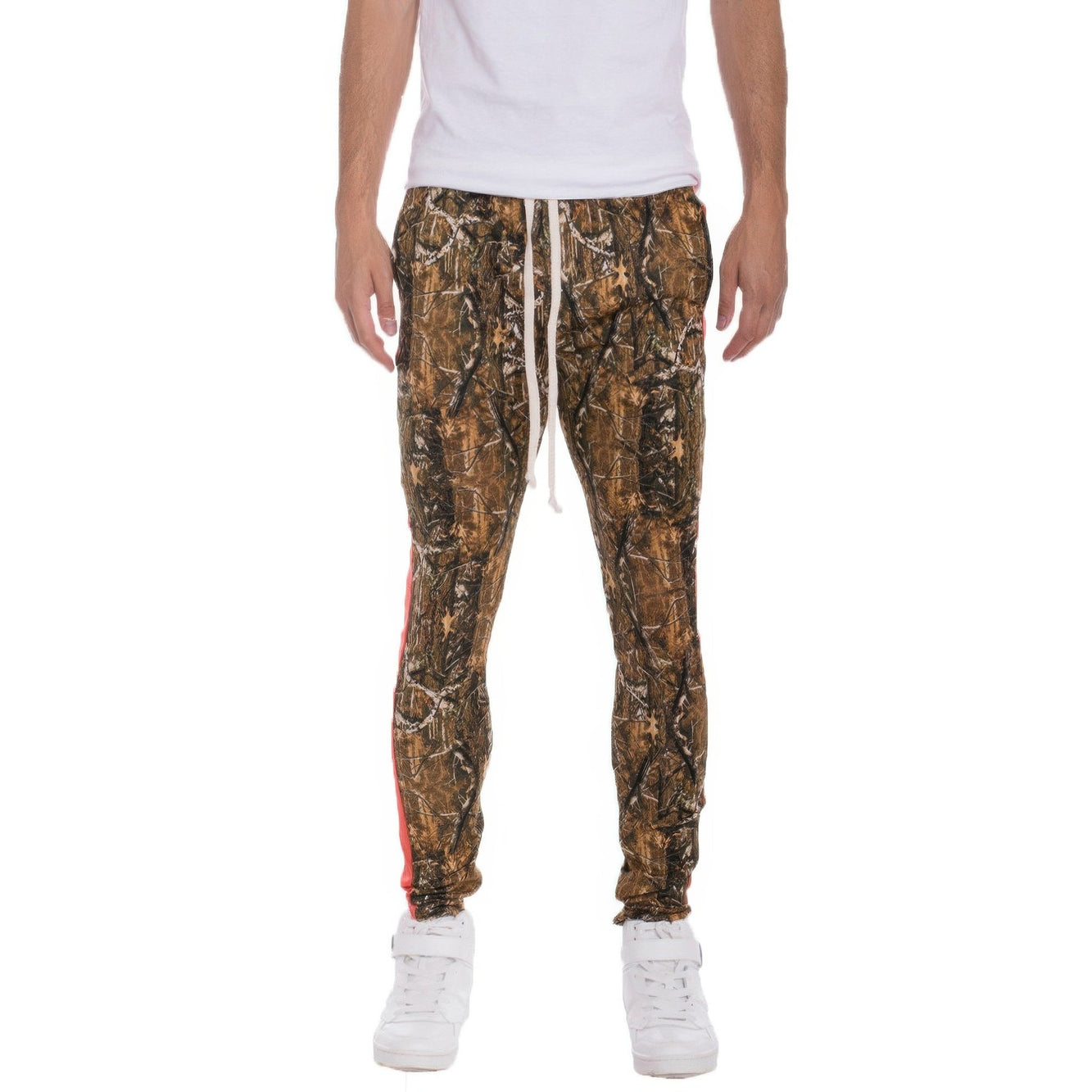 Men's camo track pants featuring a camouflage design with side stripes for a stylish casual look