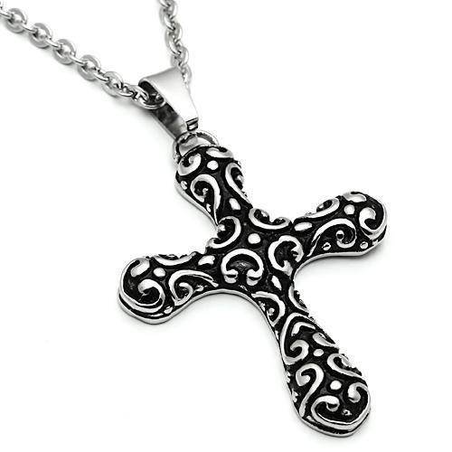 Men's cross necklace high polished with intricate design and stainless steel chain