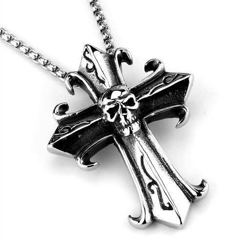 Men's cross necklace featuring a skull design with intricate details and a silver chain