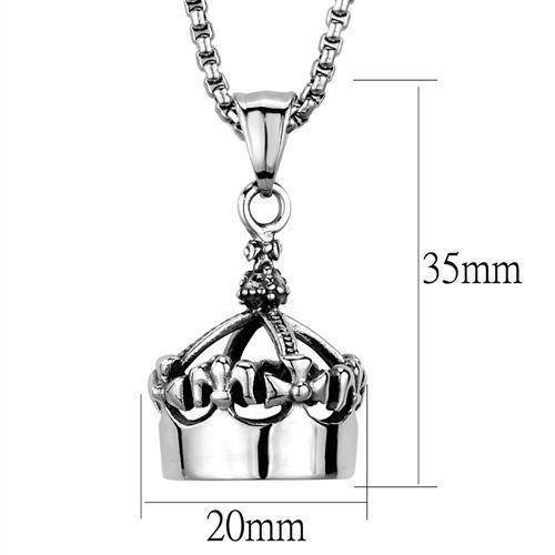 Men's crown pendant necklace in silver, featuring intricate design and chain length details