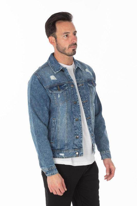 Men's Denim Jacket with Distressed - VacationGrabs