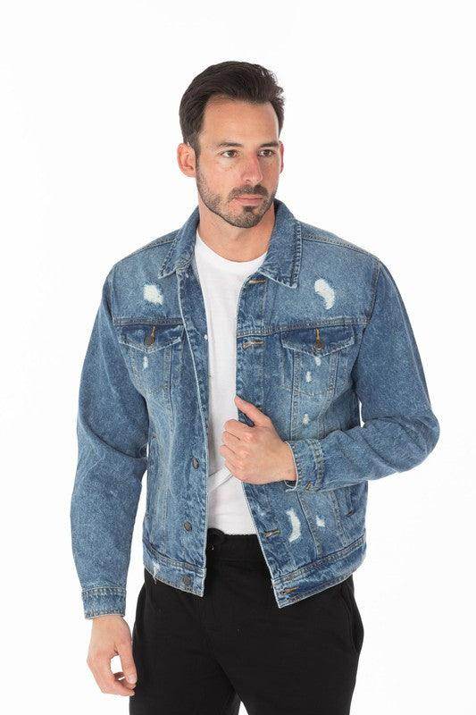 Men's Denim Jacket with Distressed - VacationGrabs