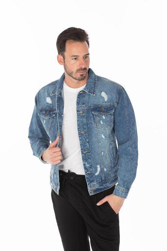 Men's Denim Jacket with Distressed - VacationGrabs