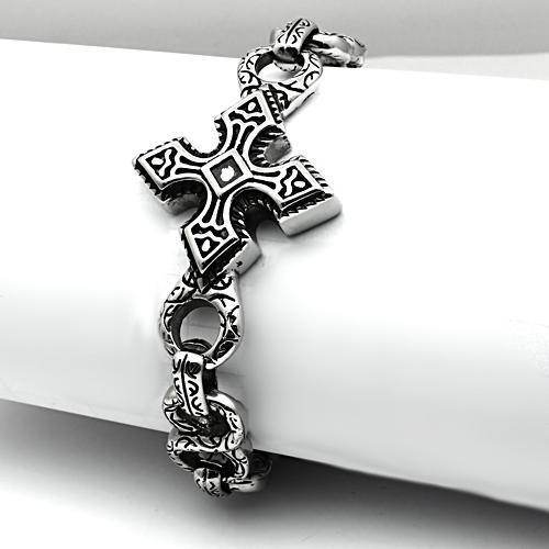 Men's high polished bracelet featuring intricate cross design and unique patterns