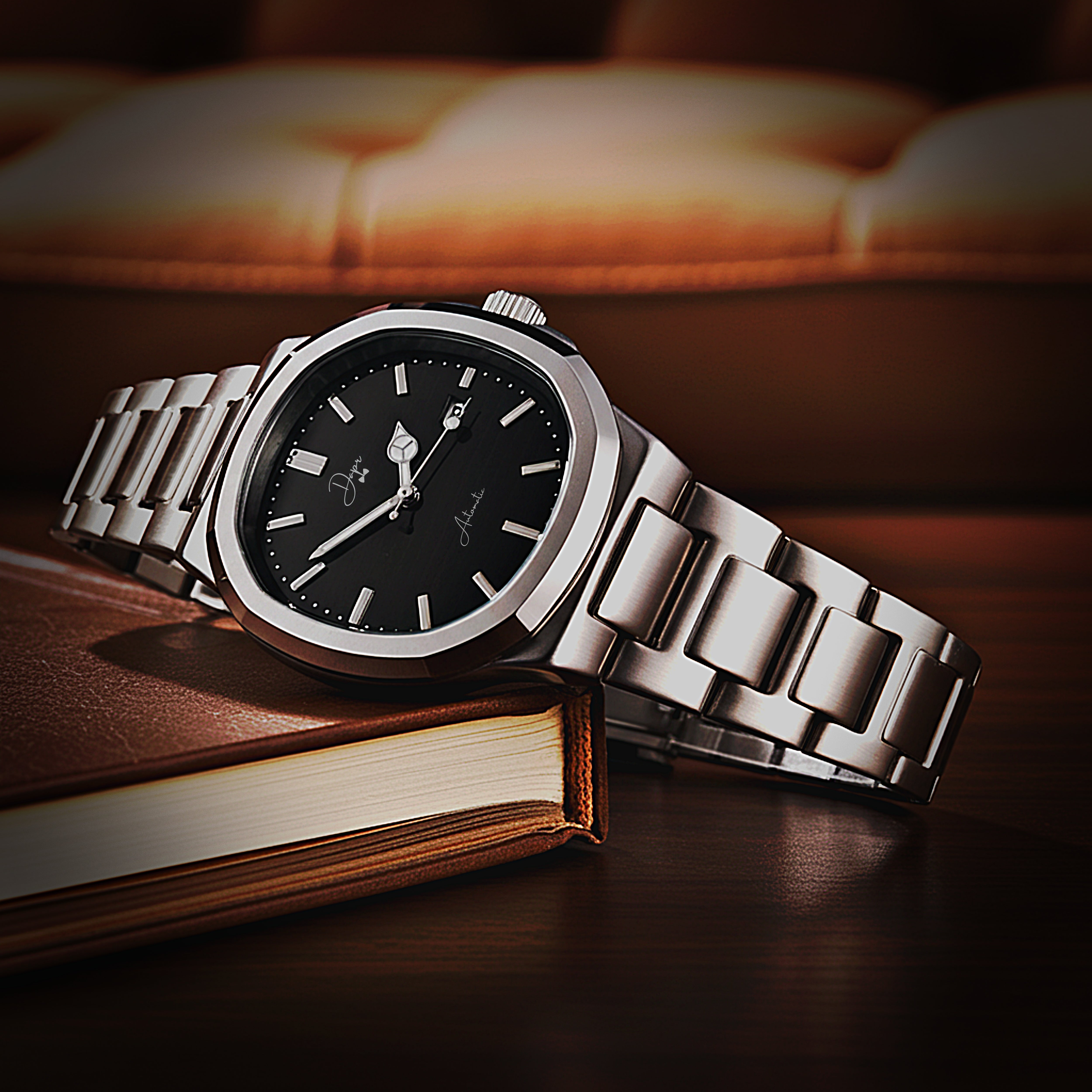 Dapr men's automatic stainless steel watch with a sleek black dial and sturdy band