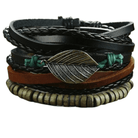 Mens black layered bracelet featuring braided leather and leaf charm for stylish accessories