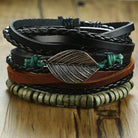 Mens black layered bracelet featuring braided leather and metal leaf detail for stylish accessory wear