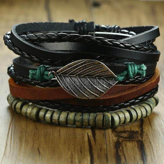Mens black layered bracelet featuring braided leather and metal leaf detail for stylish accessory wear