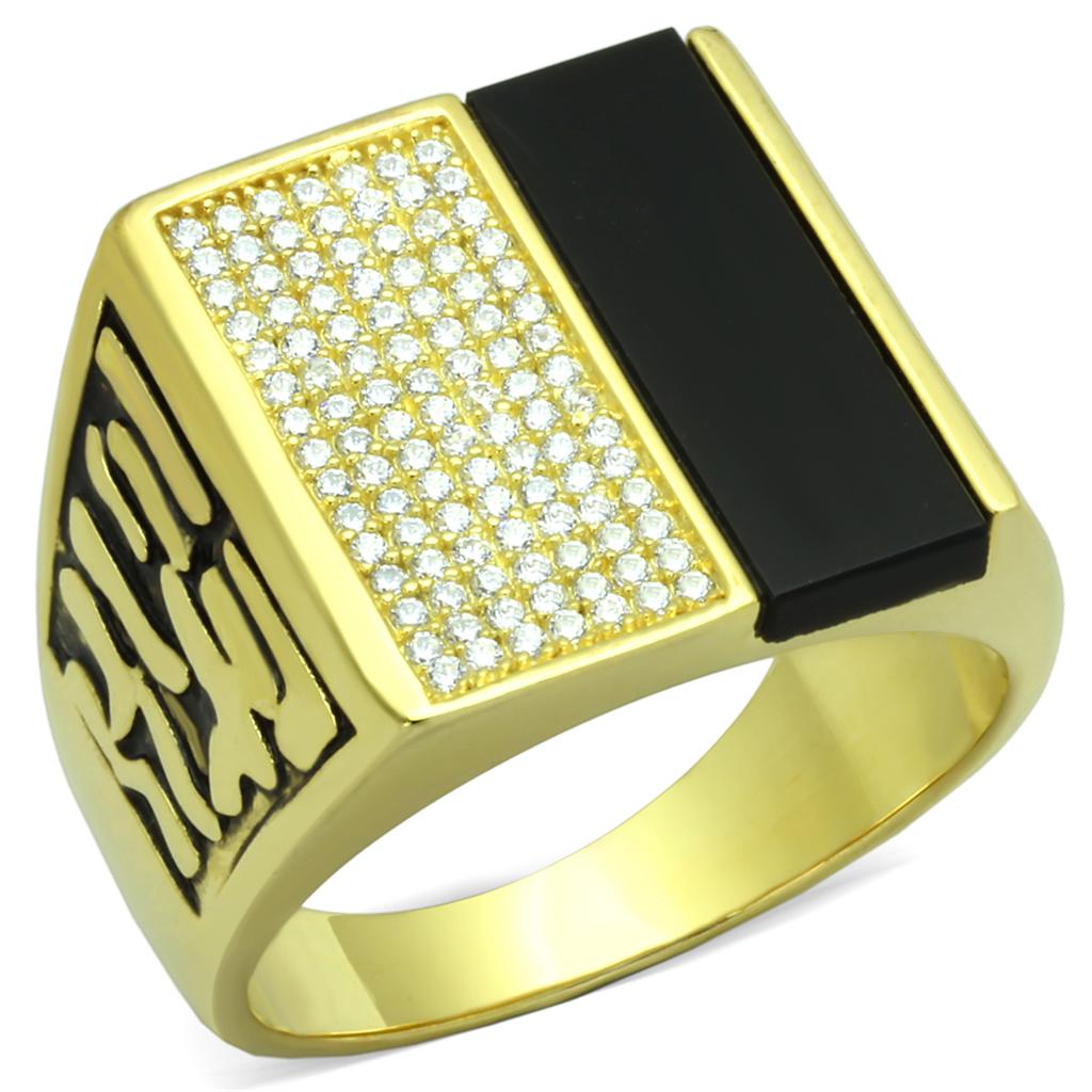 Mens Vandamme black onyx gold jewelry ring featuring sparkling diamonds and polished design