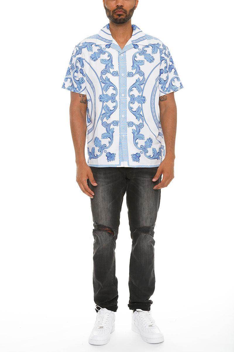 Mens Blue Multi Paisley Print Button Down Shirt - VacationGrabs