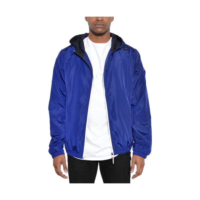 Men's Blue Windbreaker Jacket by VacationGrabs with Adjustable Hood and Zipper Closure