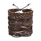 Stack of mens brown leather bracelets featuring various braided and woven designs