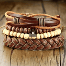 Men's brown wristband set featuring braided leather and wooden beads for stylish everyday wear