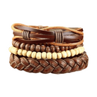 Mens brown wristband set featuring braided leather, wooden beads, and stylish design for everyday wear