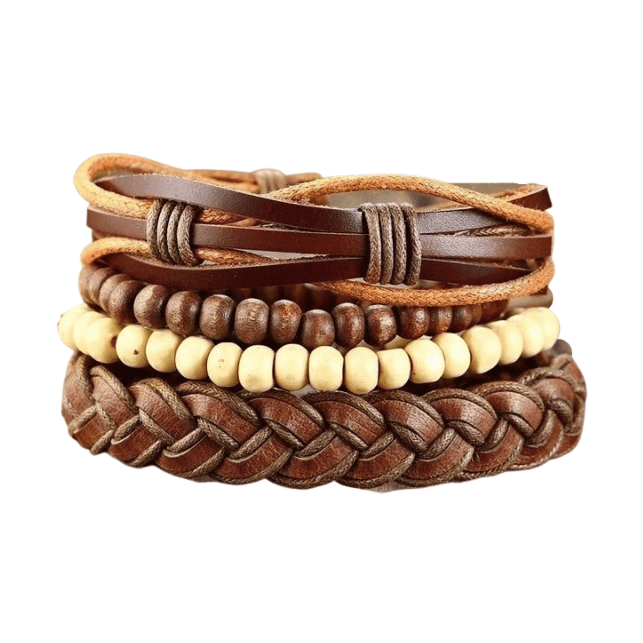Mens brown wristband set featuring braided leather, wooden beads, and stylish design for everyday wear