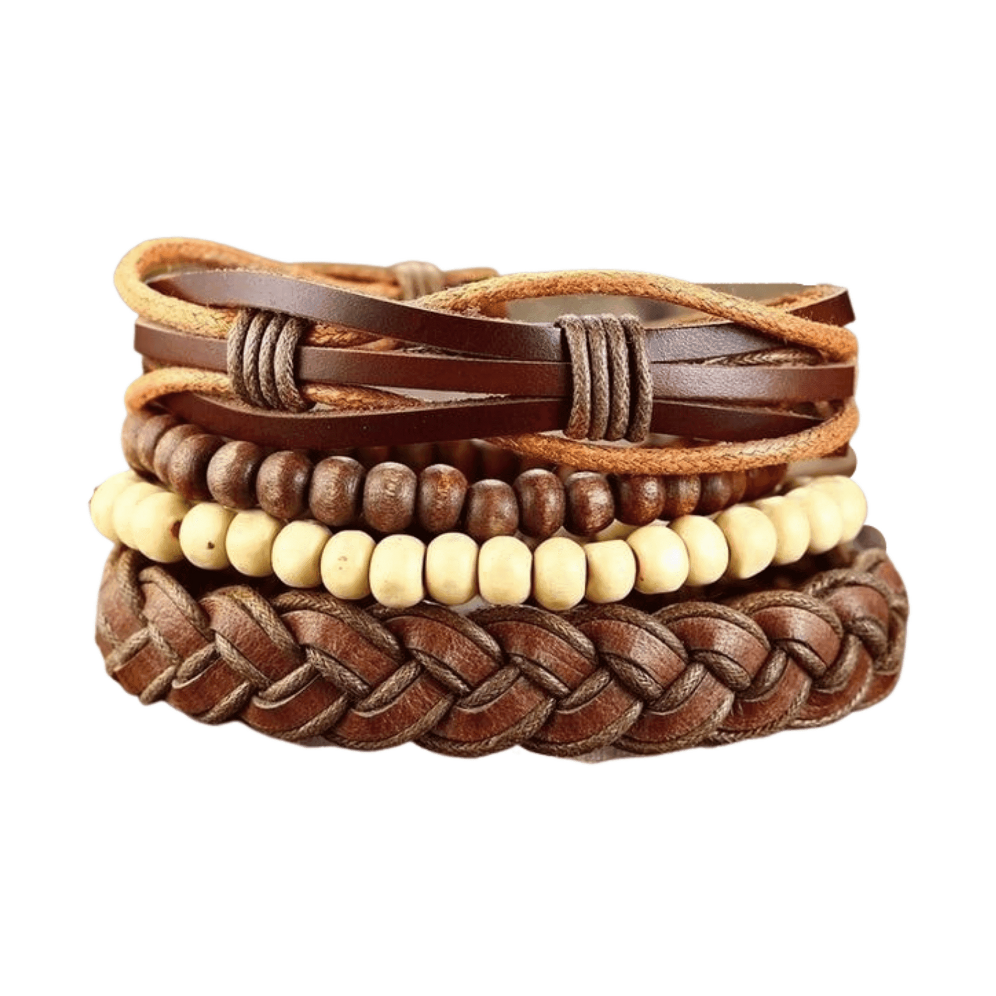 Mens brown wristband set featuring braided leather, wooden beads, and stylish design for everyday wear