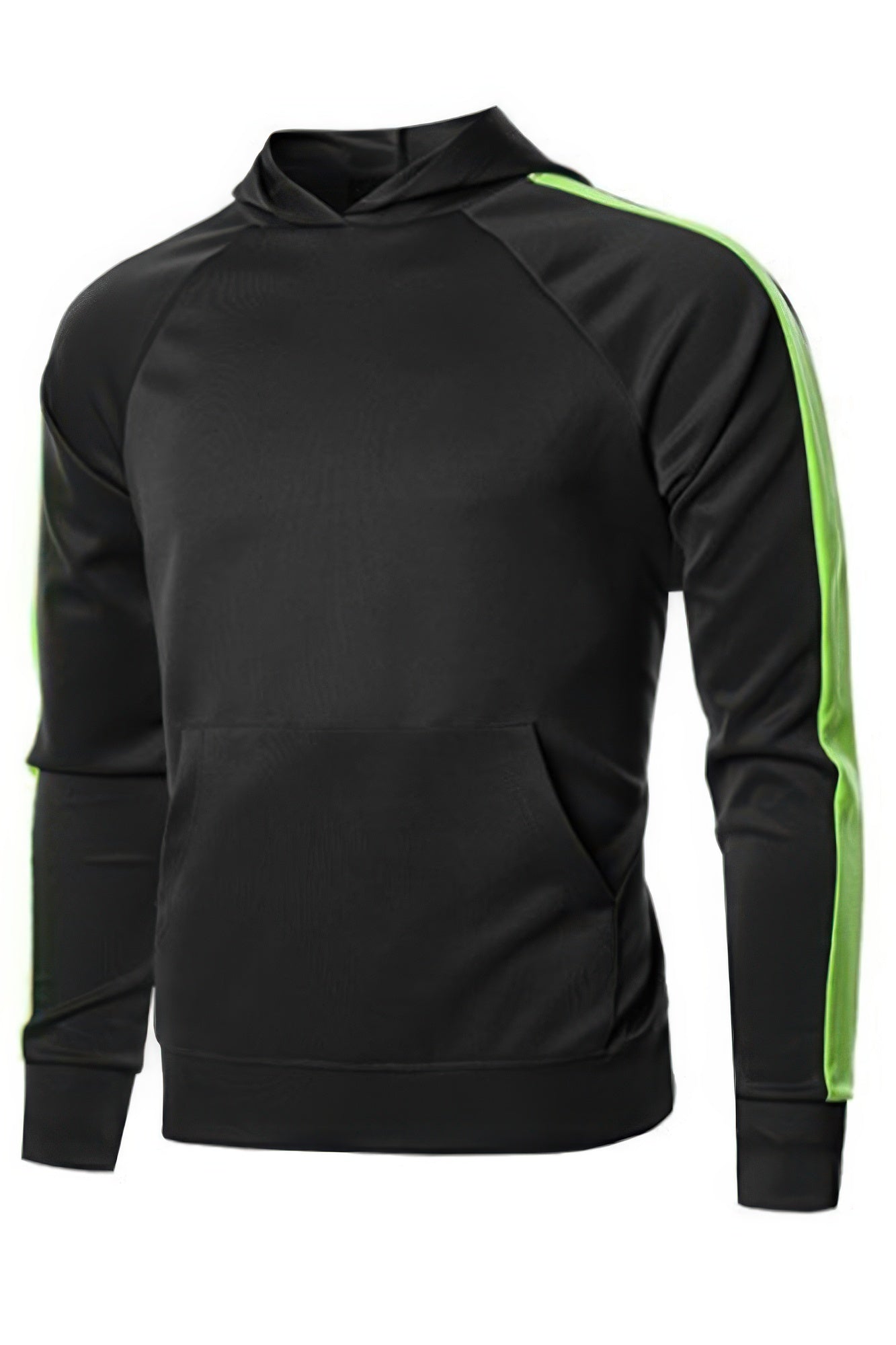 Men's casual vacation hoodie in black with green stripe on sleeves from VacationGrabs men's activewear