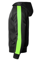 VacationGrabs men's casual vacation hoodie in black with neon green stripe on the sleeve