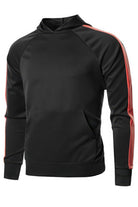 VacationGrabs men's casual vacation hoodie in black with red stripe detail on sleeves and front pocket