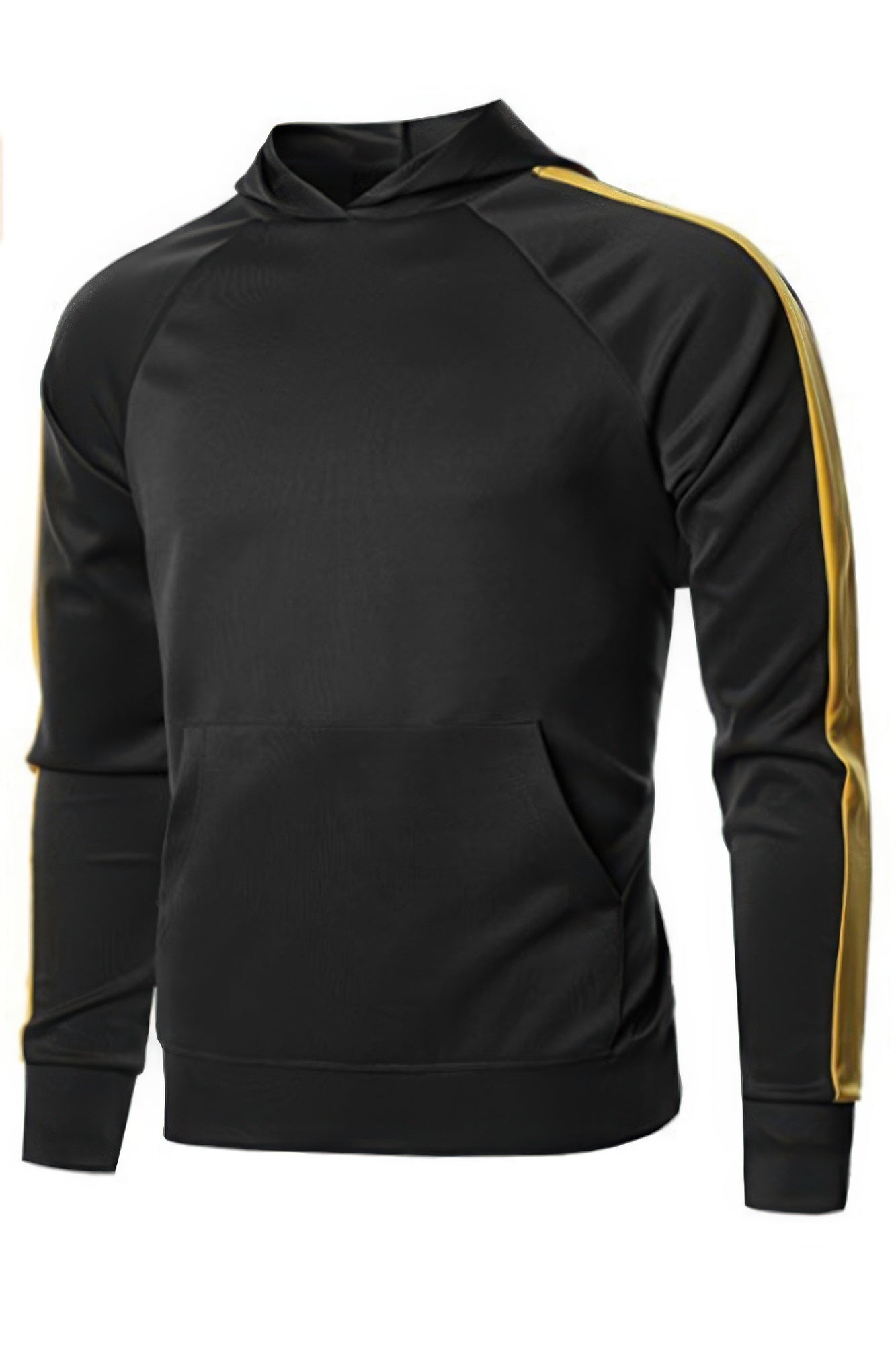 VacationGrabs men's casual vacation hoodie in black with gold stripes on sleeves and front pocket