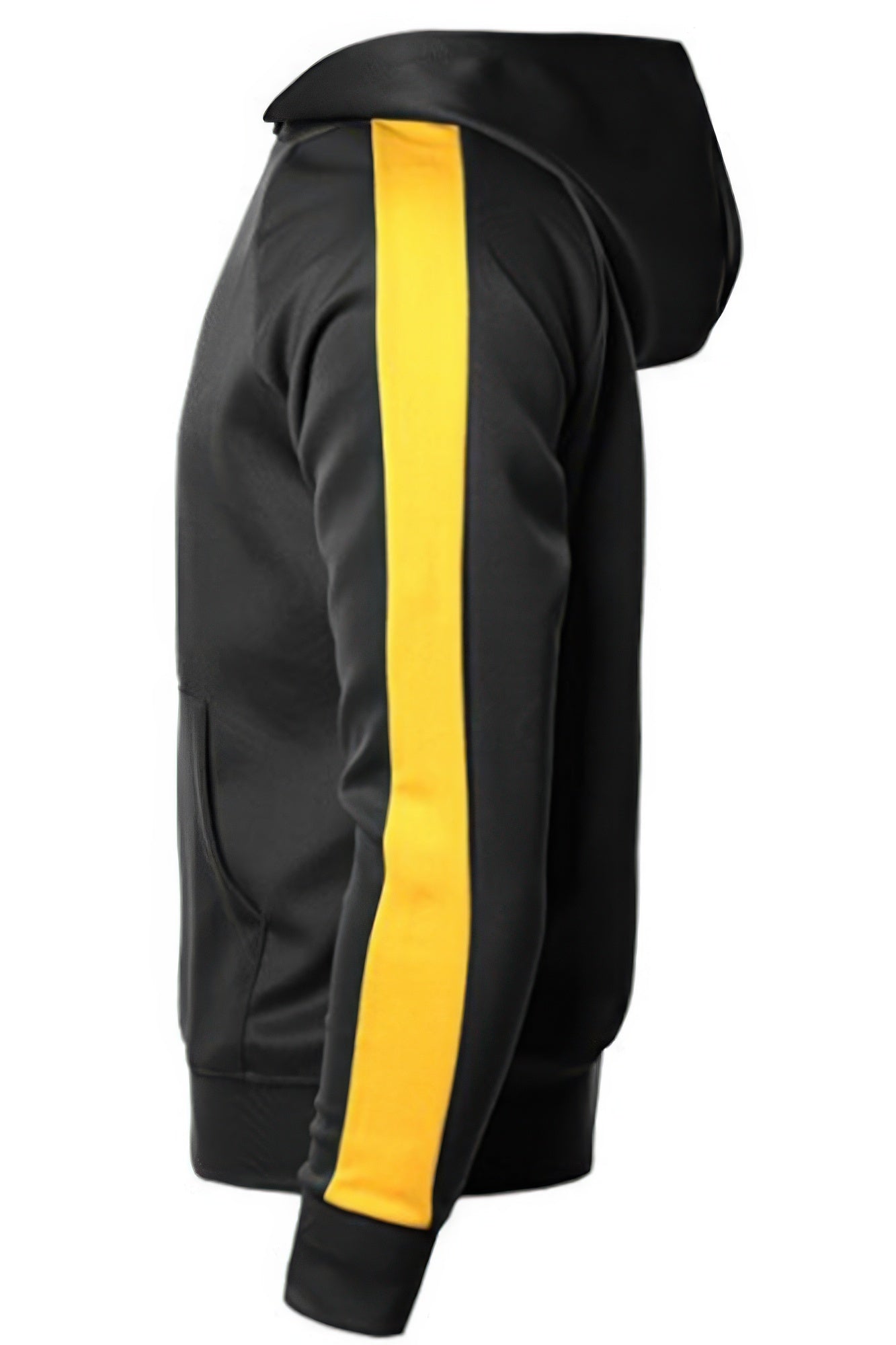 VacationGrabs men's casual vacation hoodie in black with bold yellow stripe on sleeve and attached hood
