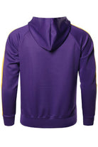 VacationGrabs men's casual vacation hoodie in purple with yellow side stripes and a hood