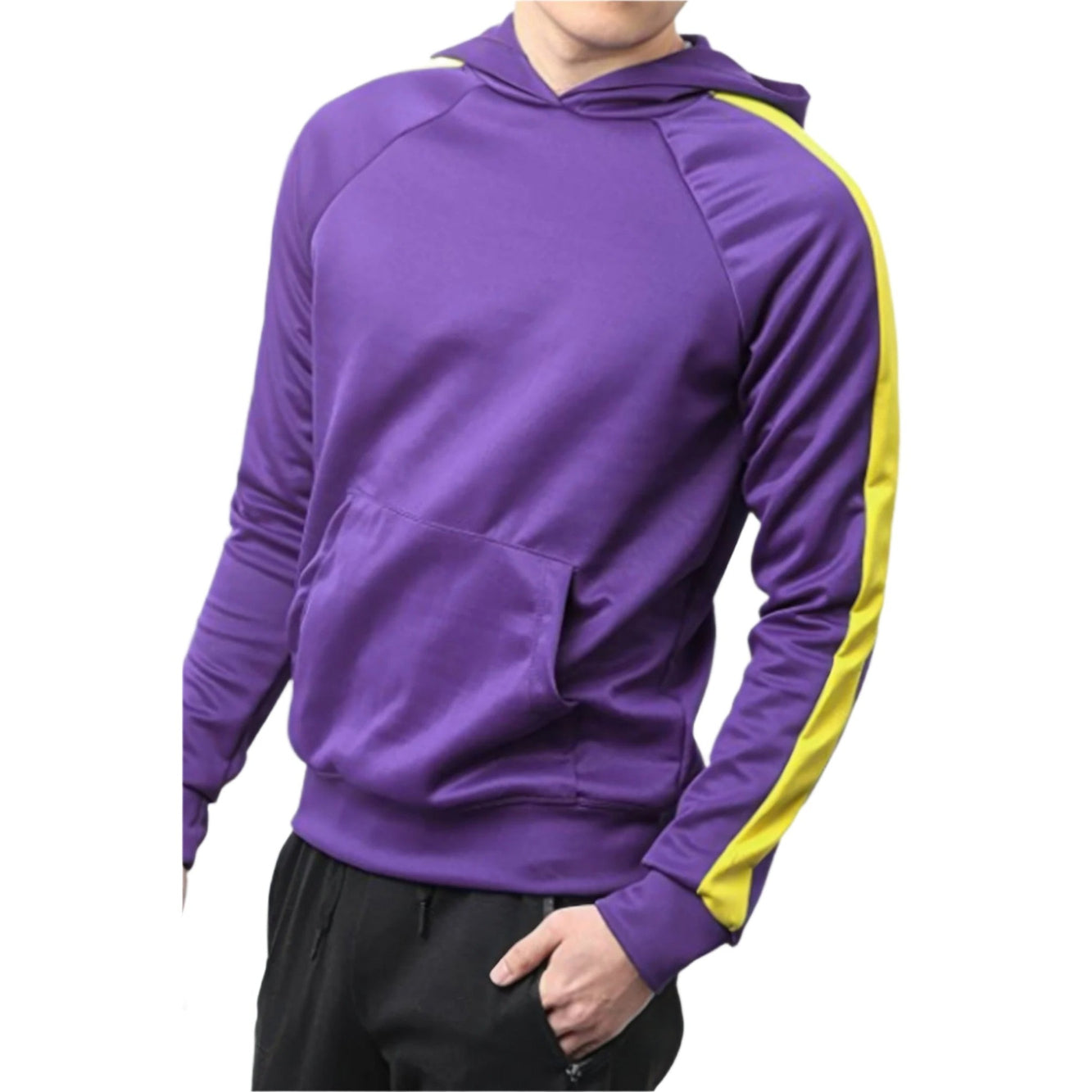 VacationGrabs men's casual vacation hoodie in purple with yellow stripe on sleeves and front pocket