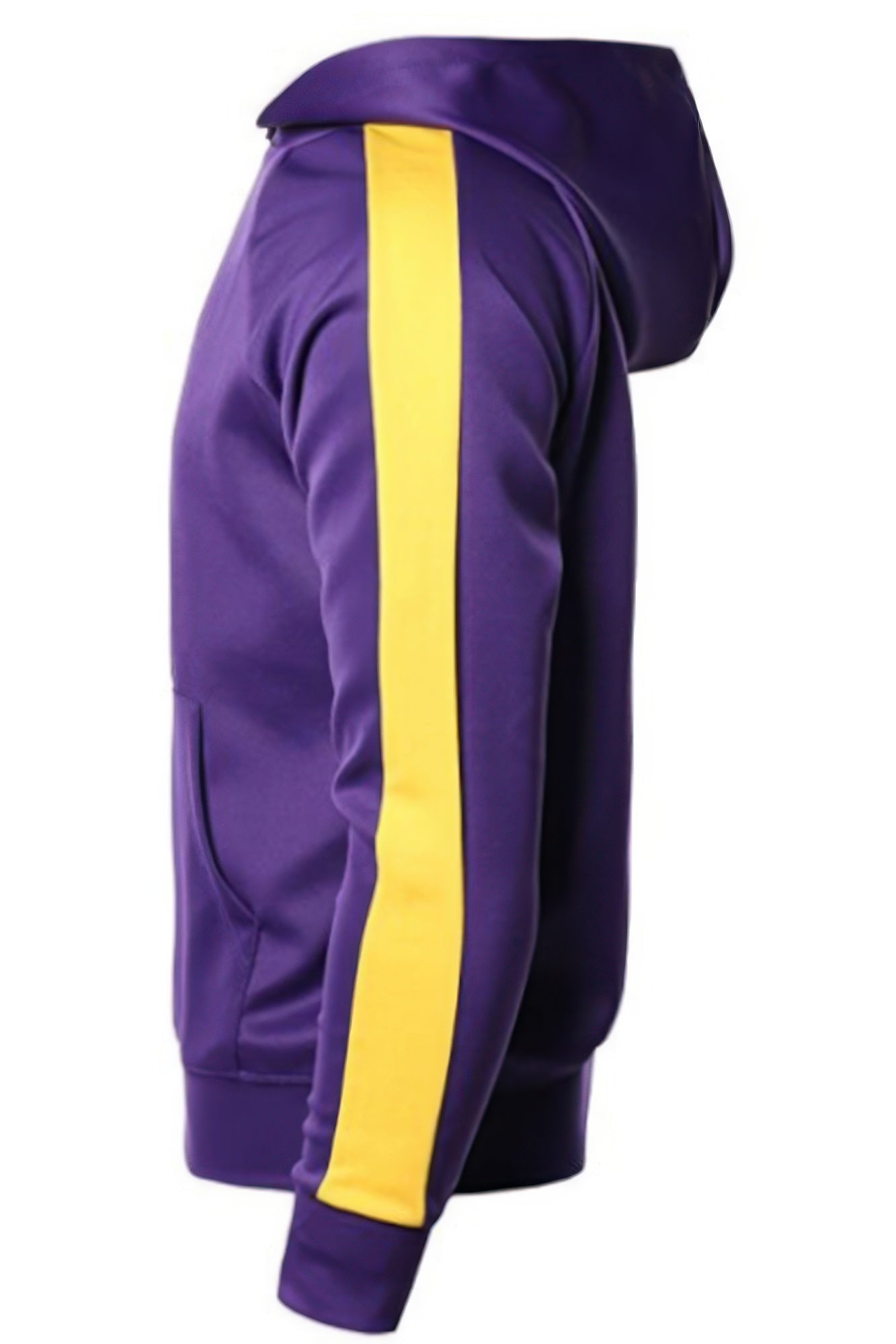 VacationGrabs men's casual vacation hoodie in purple with yellow stripe on sleeve and front pockets