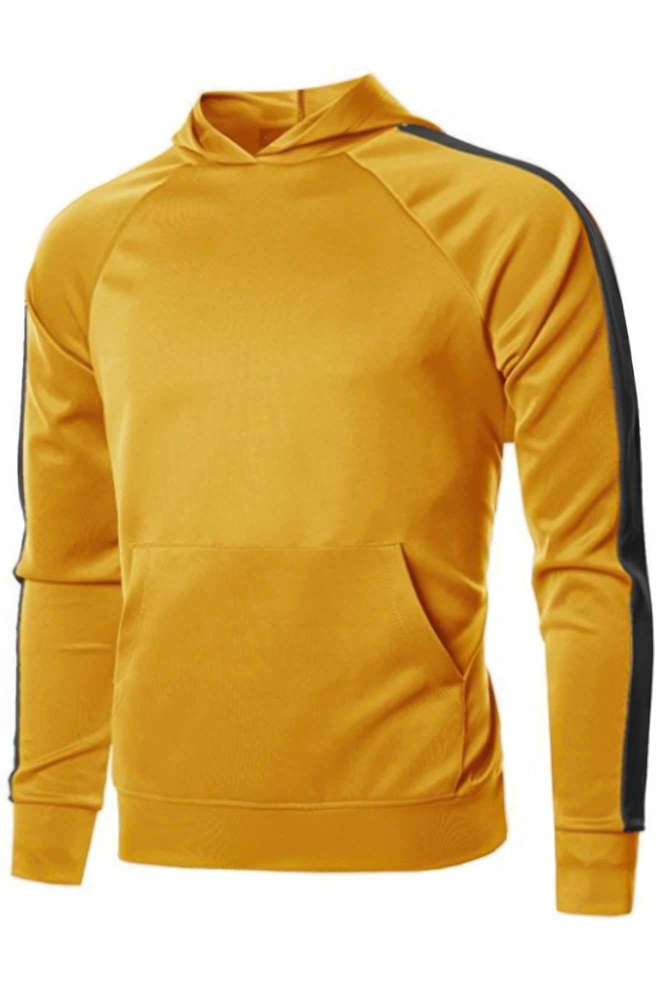 VacationGrabs men's casual vacation hoodie in yellow with black stripe on sleeves and front pocket