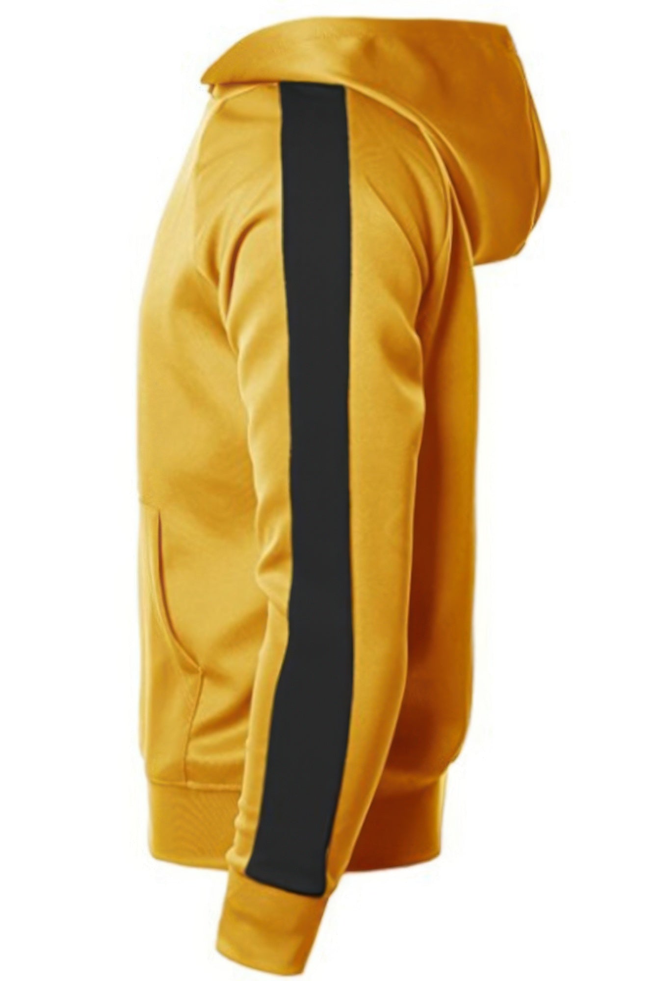 VacationGrabs men's casual vacation hoodie in mustard yellow with black stripe on sleeve