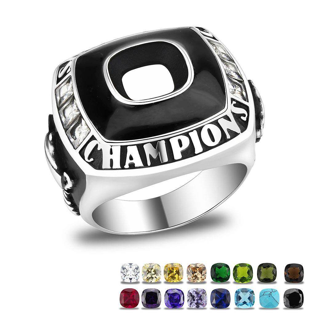 Stylish men's championship rings with black center and colorful gemstones for memorable celebrations