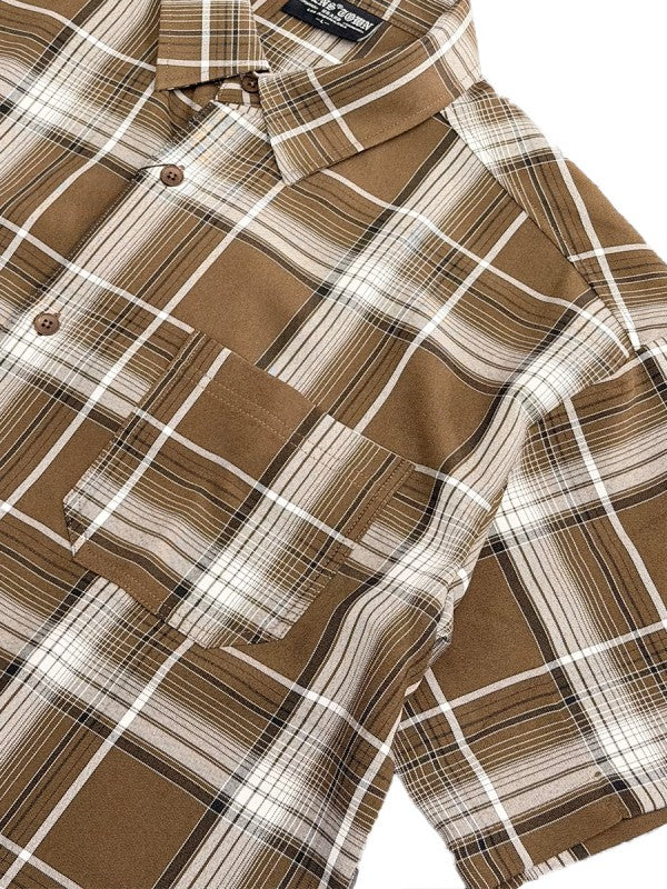 Men's checkered button down shirt in brown, perfect for casual outings