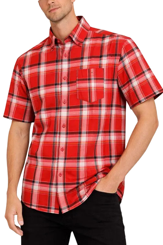 Men's checkered button down shirt in red plaid, casual wear