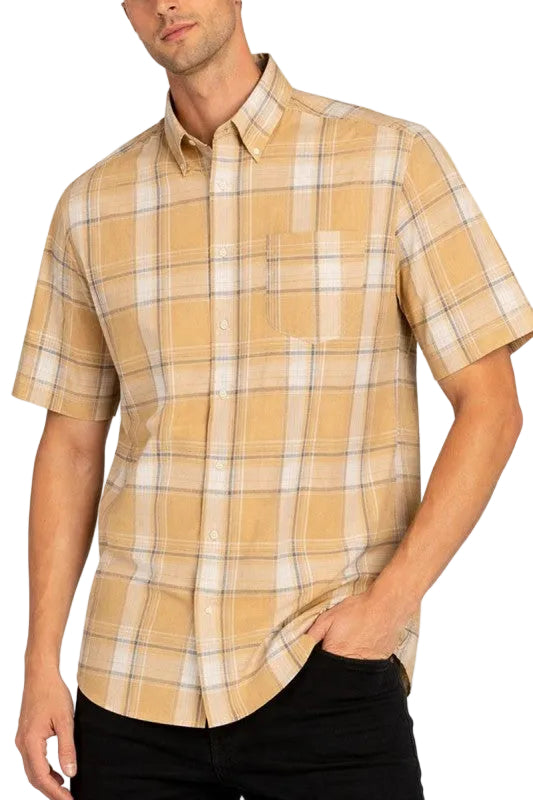 Men's checkered button down shirt in beige, perfect for casual outings