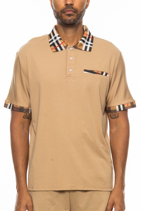 WEIV mens checkered plaid polo shirt in beige with checkered collar and sleeve accents